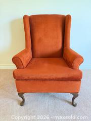 MaxSold Auction: Vintage Rust Burnt Orange Velour Wingback Chair with Stained Wood Legs - Tillsonburg (Ontario, Canada) SELLER MANAGED Downsizing Online Auction - Wilson Avenue