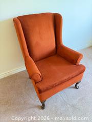 MaxSold Auction: Vintage Rust Burnt Orange Velour Wingback Chair with Stained Wood Legs - Tillsonburg (Ontario, Canada) SELLER MANAGED Downsizing Online Auction - Wilson Avenue