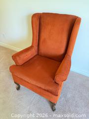 MaxSold Auction: Vintage Rust Burnt Orange Velour Wingback Chair with Stained Wood Legs - Tillsonburg (Ontario, Canada) SELLER MANAGED Downsizing Online Auction - Wilson Avenue