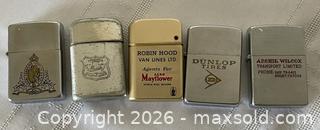 MaxSold Auction: Lot of 5 Vintage 1950s-1960s Advertising & Military Pocket Lighters – Zippo & Similar (Canadian Interest: Dunlop, Royal Canadian Signals, Transport) - Kingston (Ontario, Canada) SELLER MANAGED Estate Sale Online Auction - Tamarac Street