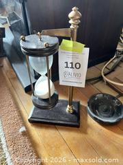 MaxSold Auction: Brass & Wood Hourglass on Stand with Glass Dish - Ottawa (Ontario, Canada) PARTNER MANAGED Downsizing Online Auction - Stewart Street (CONDO)