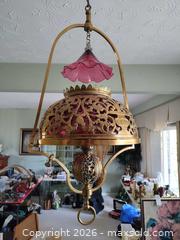MaxSold Auction: Victorian Brass Cranberry Glass Hanging Pendant Light B - Oshawa (Ontario, Canada) Moving Online Auction - Switzer Drive