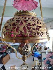 MaxSold Auction: Victorian Brass Cranberry Glass Hanging Pendant Light B - Oshawa (Ontario, Canada) Moving Online Auction - Switzer Drive