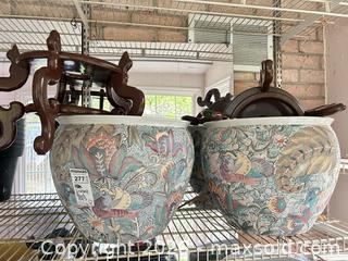 MaxSold Auction: Pair of Ceramic Plant Pots with Wooden Stands, Asian Floral Motif D - Oakville (Ontario, Canada) Estate Sale Online Auction - Cox Drive
