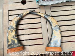 MaxSold Auction: Carved Asian Decorative Buffalo Horn Pair with Wooden Bases - North Vancouver (British Columbia, Canada) SELLER MANAGED Downsizing Online Auction - Broadview Drive
