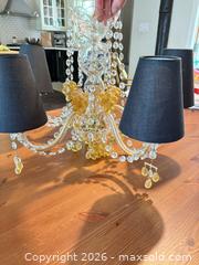 MaxSold Auction: Traditional Crystal Brass Chandelier with Fabric Shades - North Vancouver (British Columbia, Canada) SELLER MANAGED Downsizing Online Auction - Broadview Drive