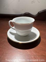 MaxSold Auction: Porcelain Teacup and Saucer Set, White with Gold Trim, 8pc - Grand Blanc Township (Michigan, USA) SELLER MANAGED Downsizing Online Auction - E Baldwin Road