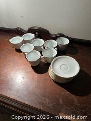 MaxSold Auction: Porcelain Teacup and Saucer Set, White with Gold Trim, 8pc - Grand Blanc Township (Michigan, USA) SELLER MANAGED Downsizing Online Auction - E Baldwin Road