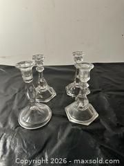 MaxSold Auction: Set of 4 Clear Glass Faceted Candlesticks with Hexagonal Bases - Grand Blanc Township (Michigan, USA) SELLER MANAGED Downsizing Online Auction - E Baldwin Road