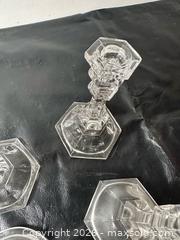 MaxSold Auction: Set of 4 Clear Glass Faceted Candlesticks with Hexagonal Bases - Grand Blanc Township (Michigan, USA) SELLER MANAGED Downsizing Online Auction - E Baldwin Road