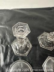 MaxSold Auction: Set of 4 Clear Glass Faceted Candlesticks with Hexagonal Bases - Grand Blanc Township (Michigan, USA) SELLER MANAGED Downsizing Online Auction - E Baldwin Road