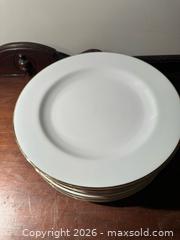 MaxSold Auction: Set of 8 White Porcelain Dinner Plates with Gold Trim - Grand Blanc Township (Michigan, USA) SELLER MANAGED Downsizing Online Auction - E Baldwin Road