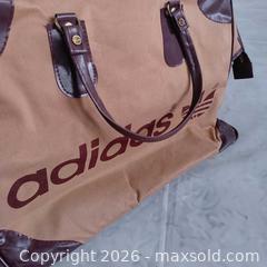MaxSold Auction: Vintage 1970s Adidas Boston Bag – Tan with Brown Accents – Excellent Condition - Toronto (Ontario, Canada) SELLER MANAGED Reseller Online Auction - Esandar Drive (STORAGE)