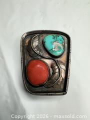 MaxSold Auction: Bennett Southwestern Sterling Belt Buckle with Turquoise & Coral - Morgan Hill (California, USA) PARTNER MANAGED Estate Sale Online Auction - Dougherty Avenue