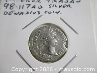 MaxSold Auction: Ancient Roman Silver Denarius Currency Coin. Emperor TRAJAN 98-117 AD. - Toronto (Ontario, Canada) SELLER MANAGED Estate Sale Online Auction - Annette Street