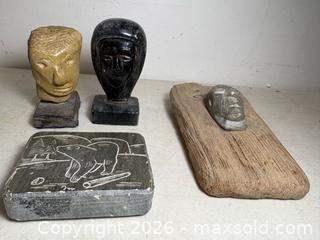 MaxSold Auction: Three Inuit Carved Stone Heads & One Polar Bear Etching On Stone Scene. Two Heads Signed "KUPTANA". - Toronto (Ontario, Canada) SELLER MANAGED Estate Sale Online Auction - Annette Street