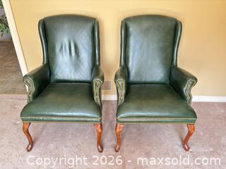 MaxSold Auction: Pair of Green Leather Wingback Armchairs by Indiana Furniture - Hamilton (Ontario, Canada) SELLER MANAGED Estate Sale Online Auction - Ben Tirran Crescent