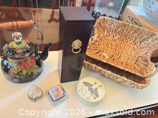 MaxSold Auction: Floral Enamel Teapot with Woven Baskets, Match Holder & Small Boxes - Frisco (Texas, USA) PARTNER MANAGED Estate Sale Online Auction - Arrowhead Drive