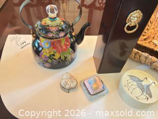 MaxSold Auction: Floral Enamel Teapot with Woven Baskets, Match Holder & Small Boxes - Frisco (Texas, USA) PARTNER MANAGED Estate Sale Online Auction - Arrowhead Drive
