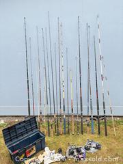 MaxSold Auction: Lot of 18 Fishing Rods & Several Reels with Tackle Box - Port Orchard (Washington, USA) SELLER MANAGED Downsizing Online Auction - Southwest Pine (STORAGE)