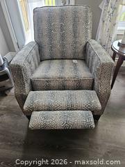 MaxSold Auction: Gray Geometric Fabric Recliner Chair with Wood Legs - Centre Hastings (Ontario, Canada) PARTNER MANAGED Estate Sale Online Auction - Mckenzie Street