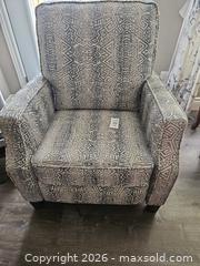 MaxSold Auction: Gray Geometric Fabric Recliner Chair with Wood Legs - Centre Hastings (Ontario, Canada) PARTNER MANAGED Estate Sale Online Auction - Mckenzie Street