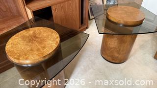MaxSold Auction: Pair of Mid-Century Modern Burl Wood End Tables with Smoked Glass - Surrey (British Columbia, Canada) SELLER MANAGED Estate Sale Online Auction - Canterbury Drive                