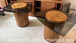 MaxSold Auction: Pair of Mid-Century Modern Burl Wood End Tables with Smoked Glass - Surrey (British Columbia, Canada) SELLER MANAGED Estate Sale Online Auction - Canterbury Drive                