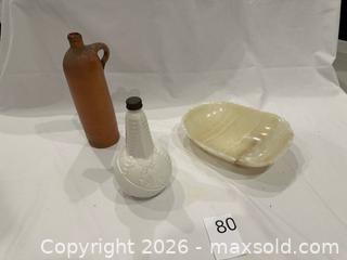MaxSold Auction: 1939 Vintage World's Fair Milk Glass Bottle, Stoneware Jug & Alabaster Bowl - Chelsea (Massachusetts, USA) SELLER MANAGED Downsizing Online Auction -  Admirals Way