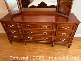 MaxSold Auction: 9 Drawer Dresser with Tri-Fold Mirror Burlwood European Style  - Hamilton (Ontario, Canada) PARTNER MANAGED Estate Sale Online Auction - Scenic Drive