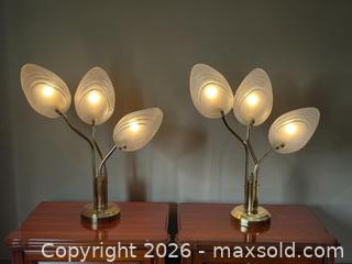 MaxSold Auction: Vintage Hollywood Regency Stilnovo Style Brass 3-Arm Clamshell Table Lamps – Pair  - Hamilton (Ontario, Canada) PARTNER MANAGED Estate Sale Online Auction - Scenic Drive