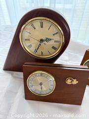 MaxSold Auction: Set of 3 Unbranded Wood Mantel / Desk Clocks with Brass Trim - London (Ontario, Canada) PARTNER MANAGED Downsizing Online Auction - Reeves Avenue
