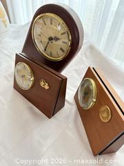MaxSold Auction: Set of 3 Unbranded Wood Mantel / Desk Clocks with Brass Trim - London (Ontario, Canada) PARTNER MANAGED Downsizing Online Auction - Reeves Avenue