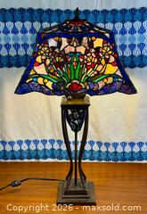 MaxSold Auction: Tiffany Style Stained Slag Glass Jeweled Floral Table Lamp - Art Nouveau - Hamilton (Ontario, Canada) SELLER MANAGED Estate Sale Online Auction - Gertrude Street