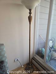 MaxSold Auction: Traditional Antique Brass Metal Floor Lamp with White Torpedo Shade - Calgary (Alberta, Canada) PARTNER MANAGED Downsizing Online Auction - Cedar Crescent Southwest (CONDO)