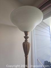 MaxSold Auction: Traditional Antique Brass Metal Floor Lamp with White Torpedo Shade - Calgary (Alberta, Canada) PARTNER MANAGED Downsizing Online Auction - Cedar Crescent Southwest (CONDO)