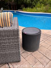 MaxSold Auction: Cooler Side Table Keter Resin Rattan Round Patio Side Table Cooler Ice Bucket Outdoor Beverage Box - Oakville (Ontario, Canada) SELLER MANAGED Downsizing Online Auction - Willowridge Court