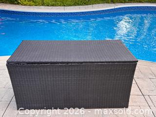 MaxSold Auction: Outdoor Large Resin Wicker Patio Deck Storage Box Pool Cushion Bin Organizer 47x21x24 - Oakville (Ontario, Canada) SELLER MANAGED Downsizing Online Auction - Willowridge Court