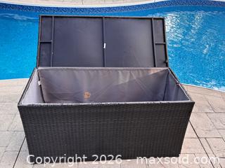MaxSold Auction: Outdoor Large Resin Wicker Patio Deck Storage Box Pool Cushion Bin Organizer 47x21x24 - Oakville (Ontario, Canada) SELLER MANAGED Downsizing Online Auction - Willowridge Court