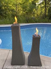 MaxSold Auction: Set of 2 Paramount Grey Wicker Gel Fuel Fire Burner Towers Outdoor Patio Lights - Oakville (Ontario, Canada) SELLER MANAGED Downsizing Online Auction - Willowridge Court