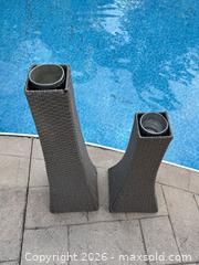 MaxSold Auction: Set of 2 Paramount Grey Wicker Gel Fuel Fire Burner Towers Outdoor Patio Lights - Oakville (Ontario, Canada) SELLER MANAGED Downsizing Online Auction - Willowridge Court