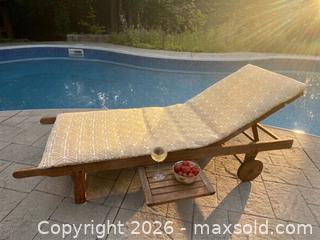 MaxSold Auction: Vintage Wood Chaise Lounge Chair Poolside Patio Recliner With Cushion Side Table - Oakville (Ontario, Canada) SELLER MANAGED Downsizing Online Auction - Willowridge Court