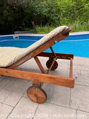 MaxSold Auction: Vintage Wood Chaise Lounge Chair Poolside Patio Recliner With Cushion Side Table - Oakville (Ontario, Canada) SELLER MANAGED Downsizing Online Auction - Willowridge Court