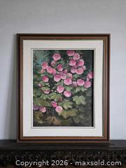 MaxSold Auction: Original 2003 signed Ruth Brooks oil painting of pink hollyhocks. Excellent condition. - Kingston (Ontario, Canada) SELLER MANAGED Downsizing Online Auction - Abdo Road
