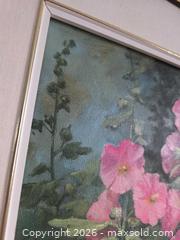 MaxSold Auction: Original 2003 signed Ruth Brooks oil painting of pink hollyhocks. Excellent condition. - Kingston (Ontario, Canada) SELLER MANAGED Downsizing Online Auction - Abdo Road