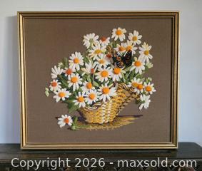 MaxSold Auction: Vintage 1980 Homco, Solid Wood Gilt Framed Crewel Embroidery - Daisies & Monarch Butterfly - Kingston (Ontario, Canada) SELLER MANAGED Downsizing Online Auction - Abdo Road