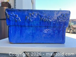 MaxSold Auction: Blue Glazed Terracotta Planter with Raised Floral Details - Campbell (California, USA) SELLER MANAGED Estate Sale Online Auction -  Dell Avenue