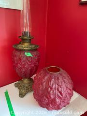 MaxSold Auction: Imperial Consolidated Oil Lamp with Etched Red Shades and Brass Base - Addington Highlands (Ontario, Canada) PARTNER MANAGED Downsizing Online Auction - Highway 41