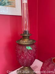 MaxSold Auction: Imperial Consolidated Oil Lamp with Etched Red Shades and Brass Base - Addington Highlands (Ontario, Canada) PARTNER MANAGED Downsizing Online Auction - Highway 41