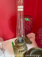 MaxSold Auction: Imperial Consolidated Oil Lamp with Etched Red Shades and Brass Base - Addington Highlands (Ontario, Canada) PARTNER MANAGED Downsizing Online Auction - Highway 41